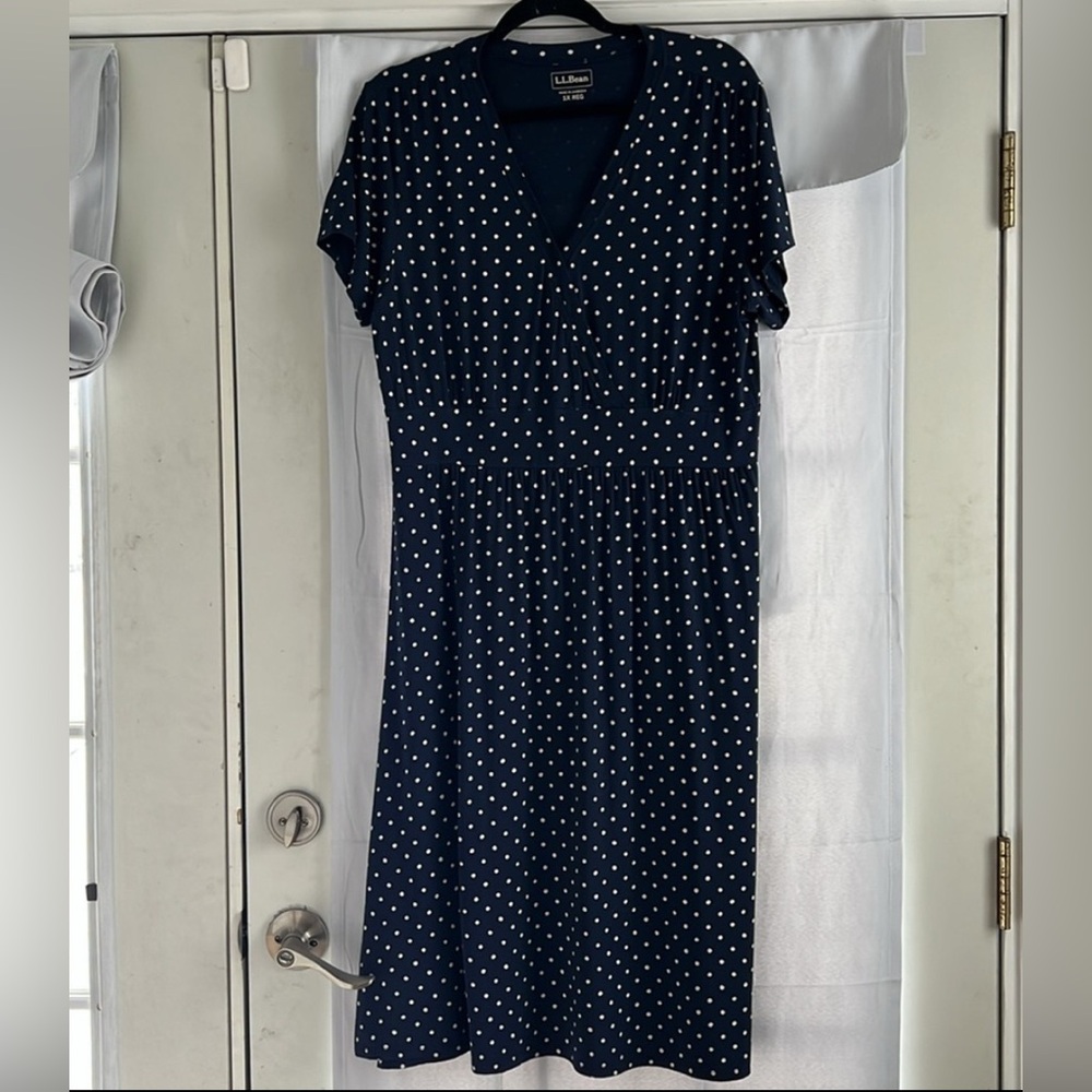 L.L. Bean Navy Blue Polka Dot Wrap Midi Dress - Picture 9 of 13